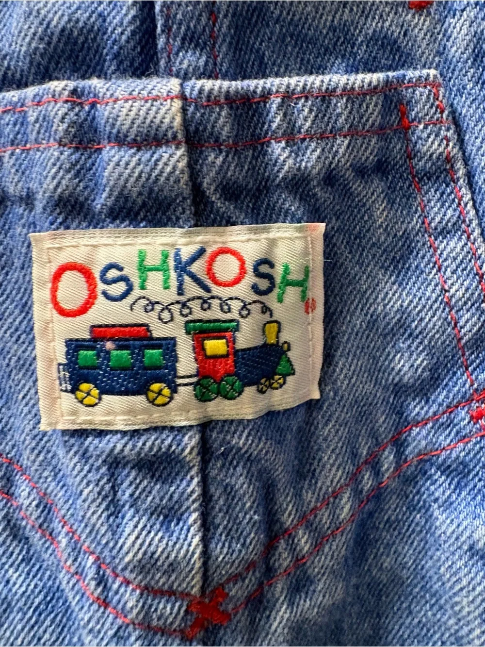 OshKosh B'gosh Vestbak Light Blue Denim Train Trim Overalls Size 3-6 Months